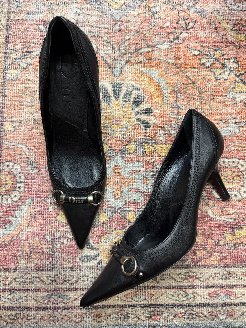 Vintage 90s Dior Black Leather Pointed-Toe Heels with Logo Hardware